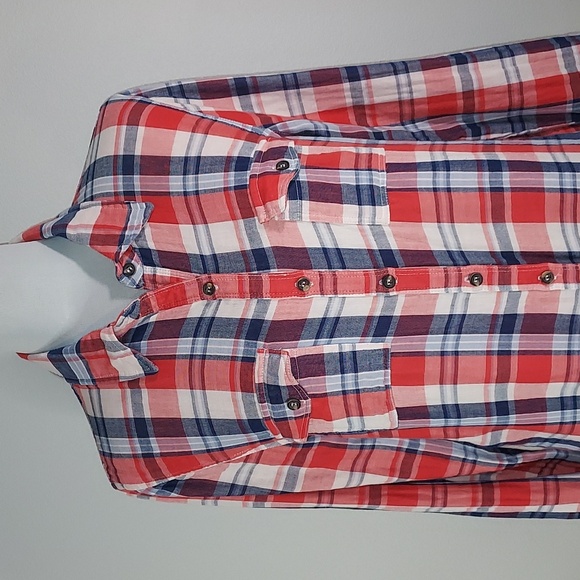 2000's Forever 21 Red Blue White Long Sleeve Plaid Button Up Shirt Size Large - Picture 6 of 12